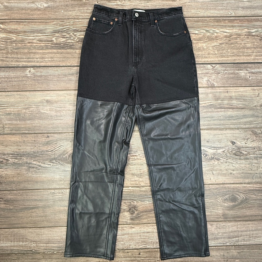 Abercrombie‎ & Fitch Women 90s Straight Jeans 10R Black Faux Leather Mixed NWOT